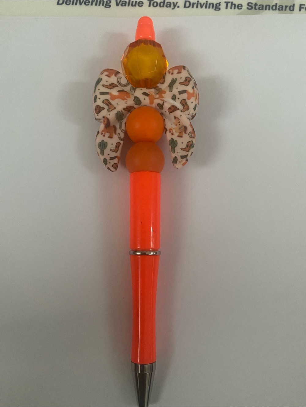 Neon Orange Western Bow Pen with Gem Top